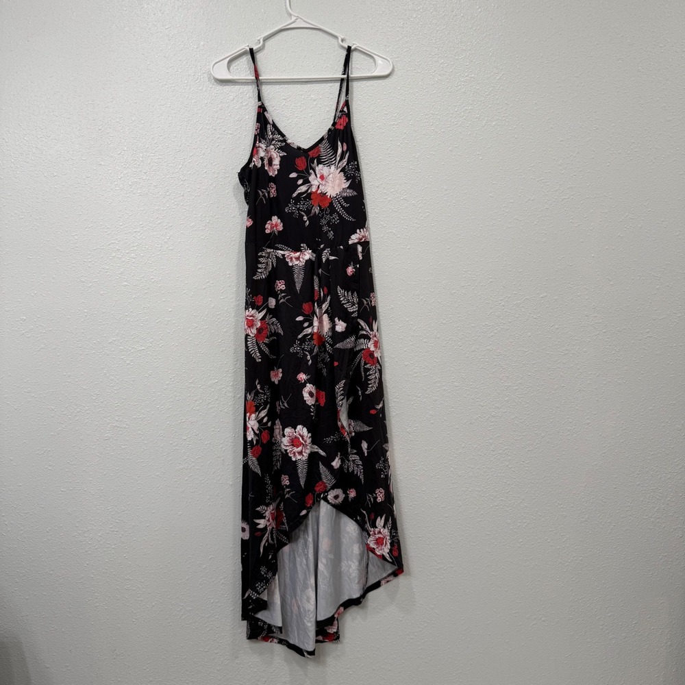 ININ Floral High Low Maxi Dress Black Red Pink V-Neck Spaghetti Strap Medium NWT